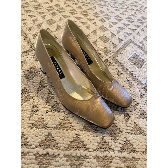 Stuart Weitzman Gold Shimmer Block Heel, Size 7 1/2 - Picture 1 of 4
